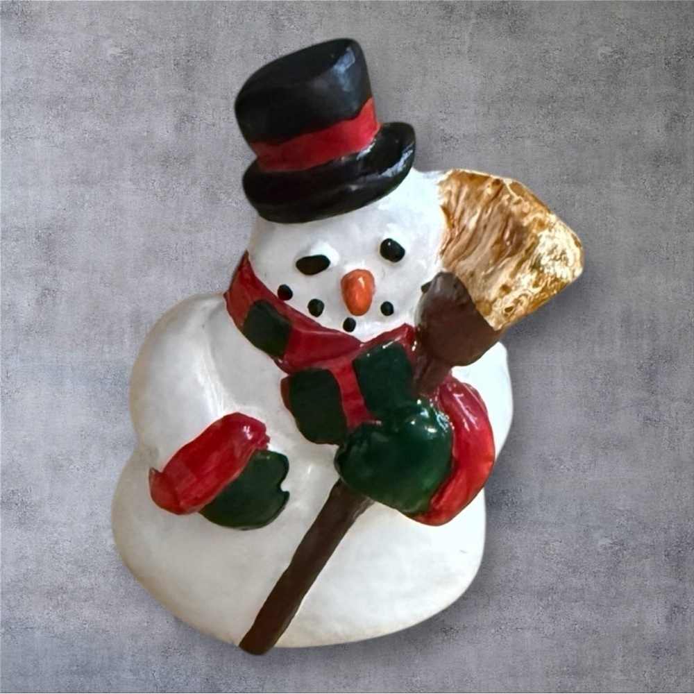 Vintage 2 1/8" Hand Painted Snowman Heavy Cast Metal Paperweight